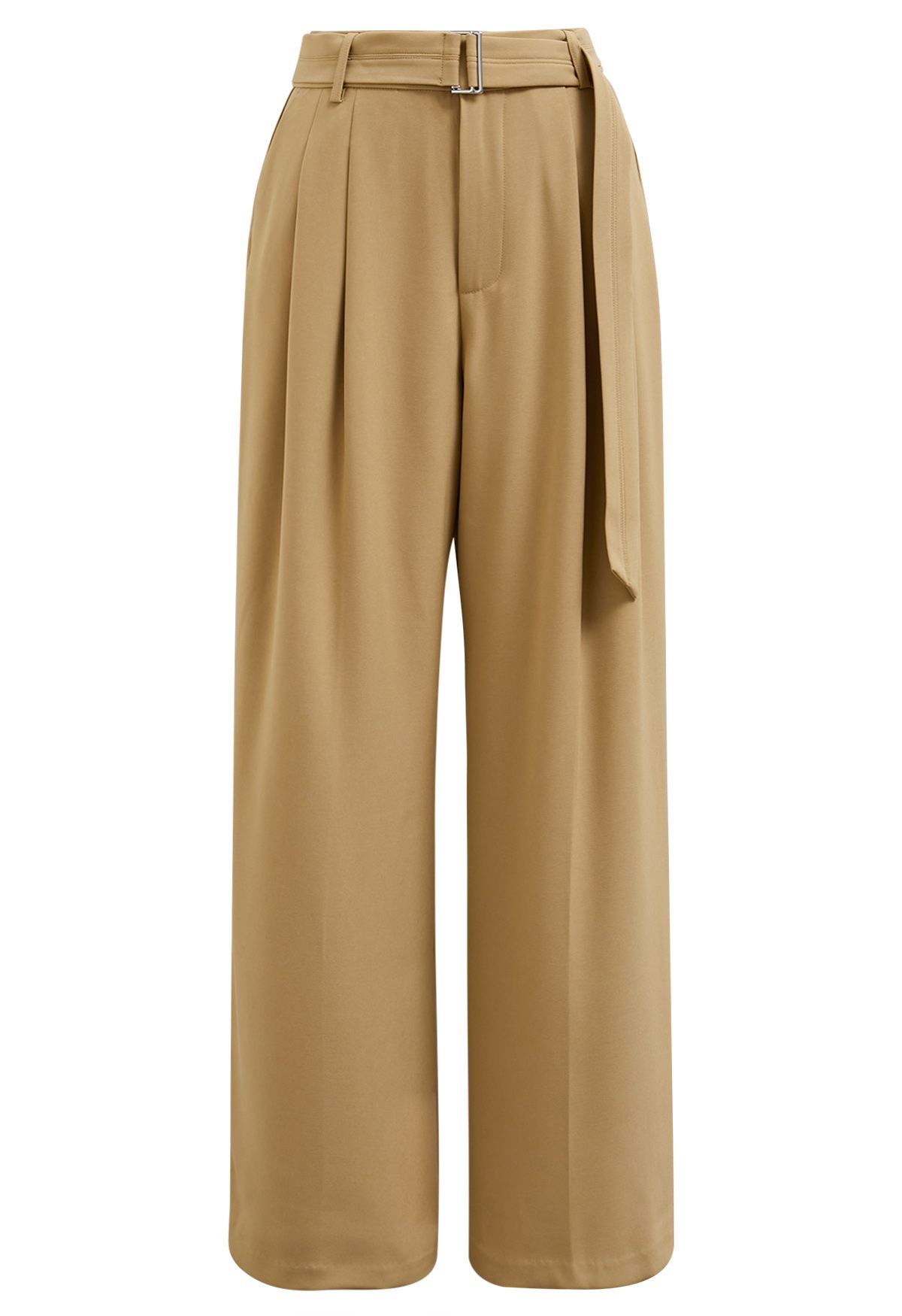 Pantalon plissé avec poche latérale et ceinture en camel