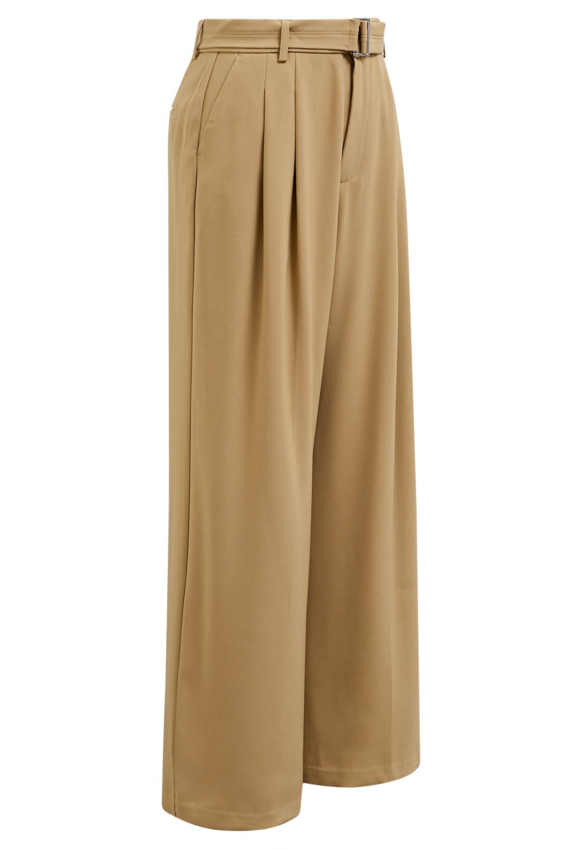 Pantalon plissé avec poche latérale et ceinture en camel