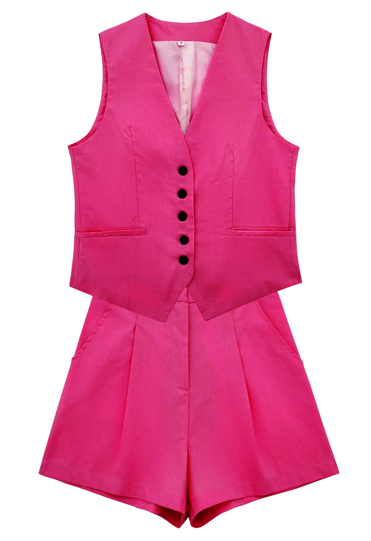 Gilet boutonné en mélange de lin à col en V en rose vif