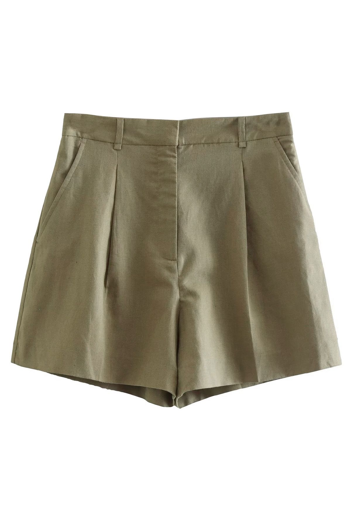 Short plissé en lin mélangé avec poches latérales, vert mousse