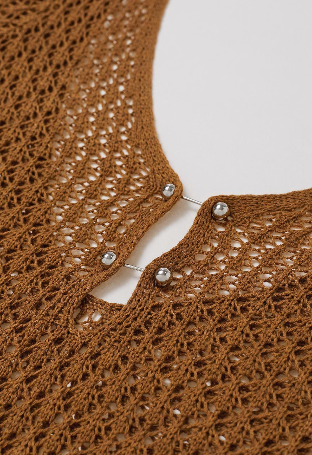 Cache-maillot au crochet avec décor de perles à dos ouvert, caramel