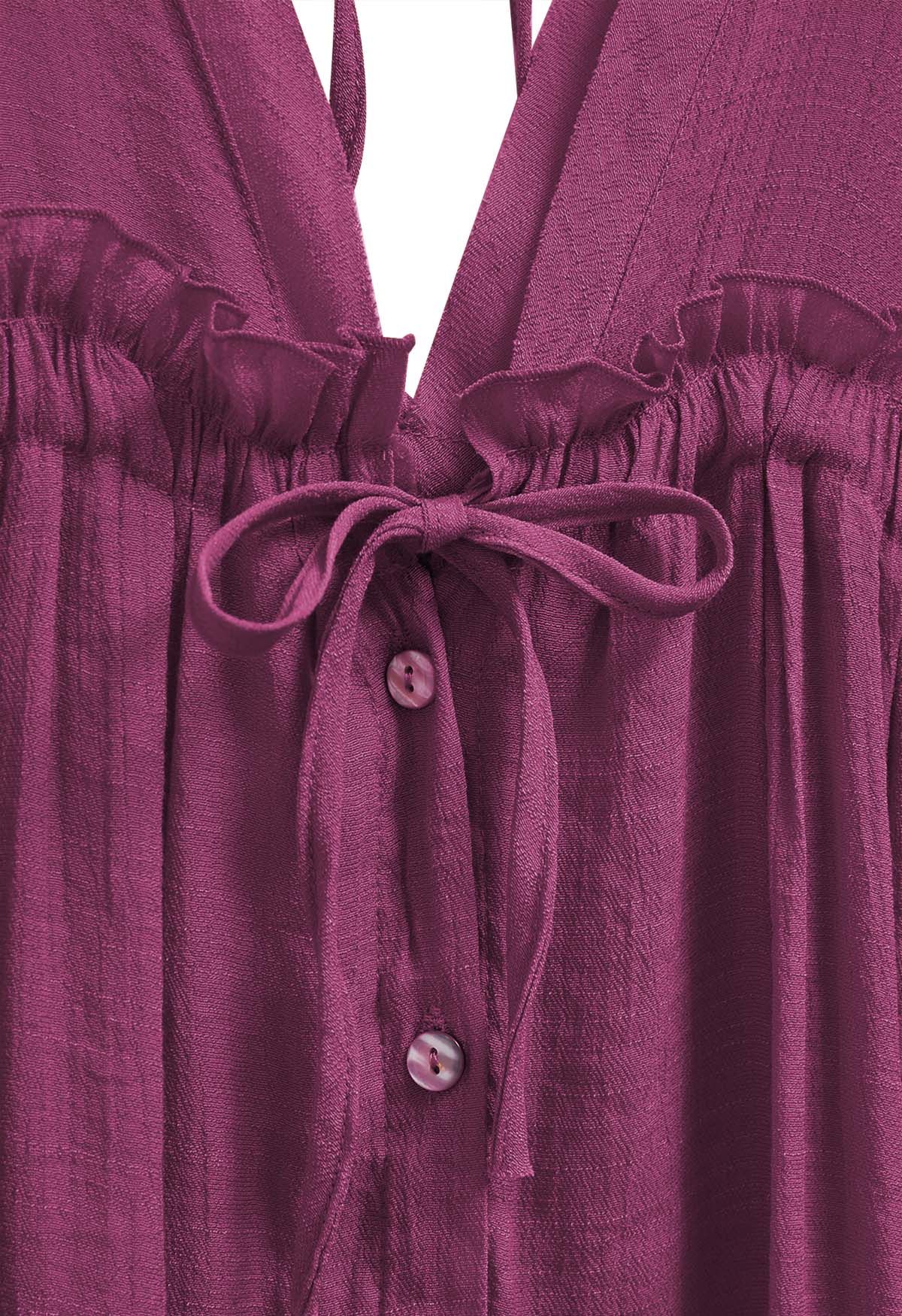 Cache-maillot boutonné à col en V profond et manches à volants en violet