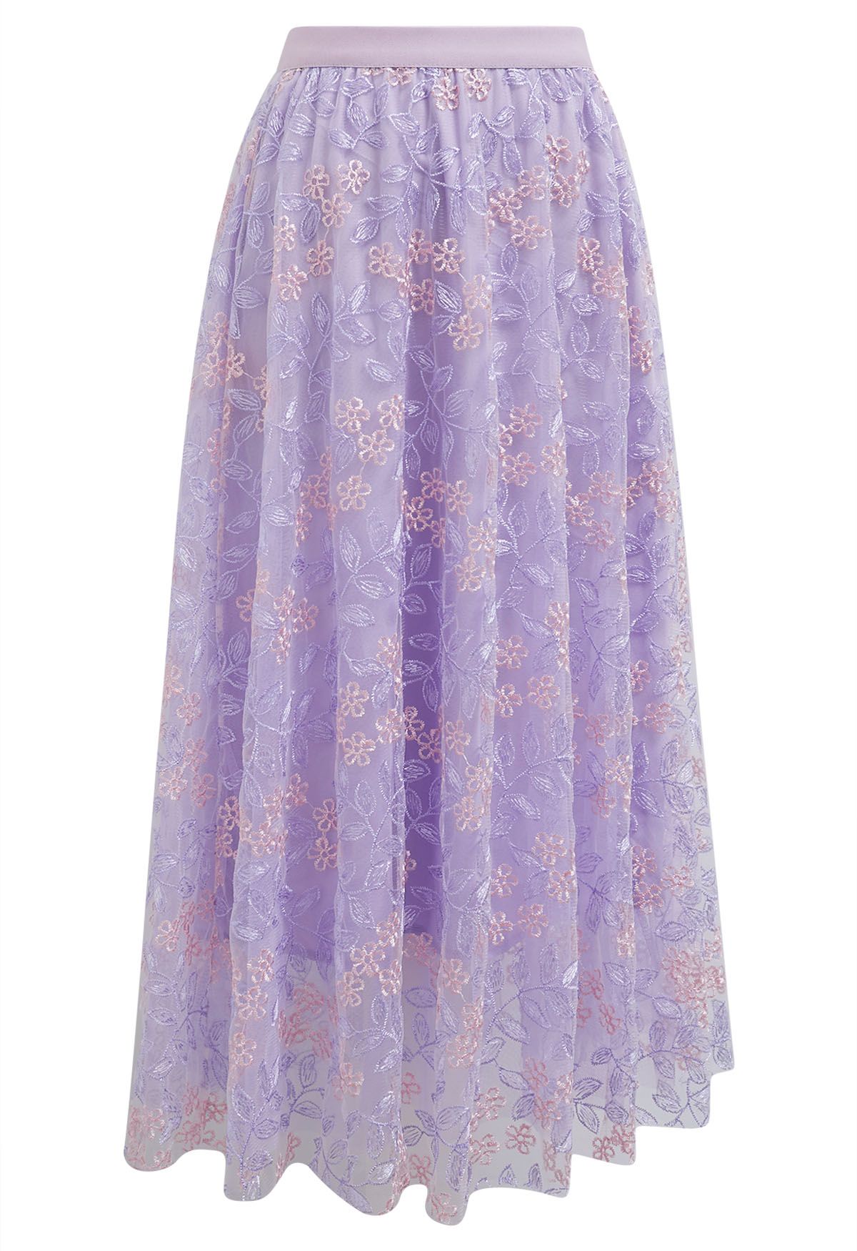 Jupe midi en tulle brodé de feuilles florales en lilas