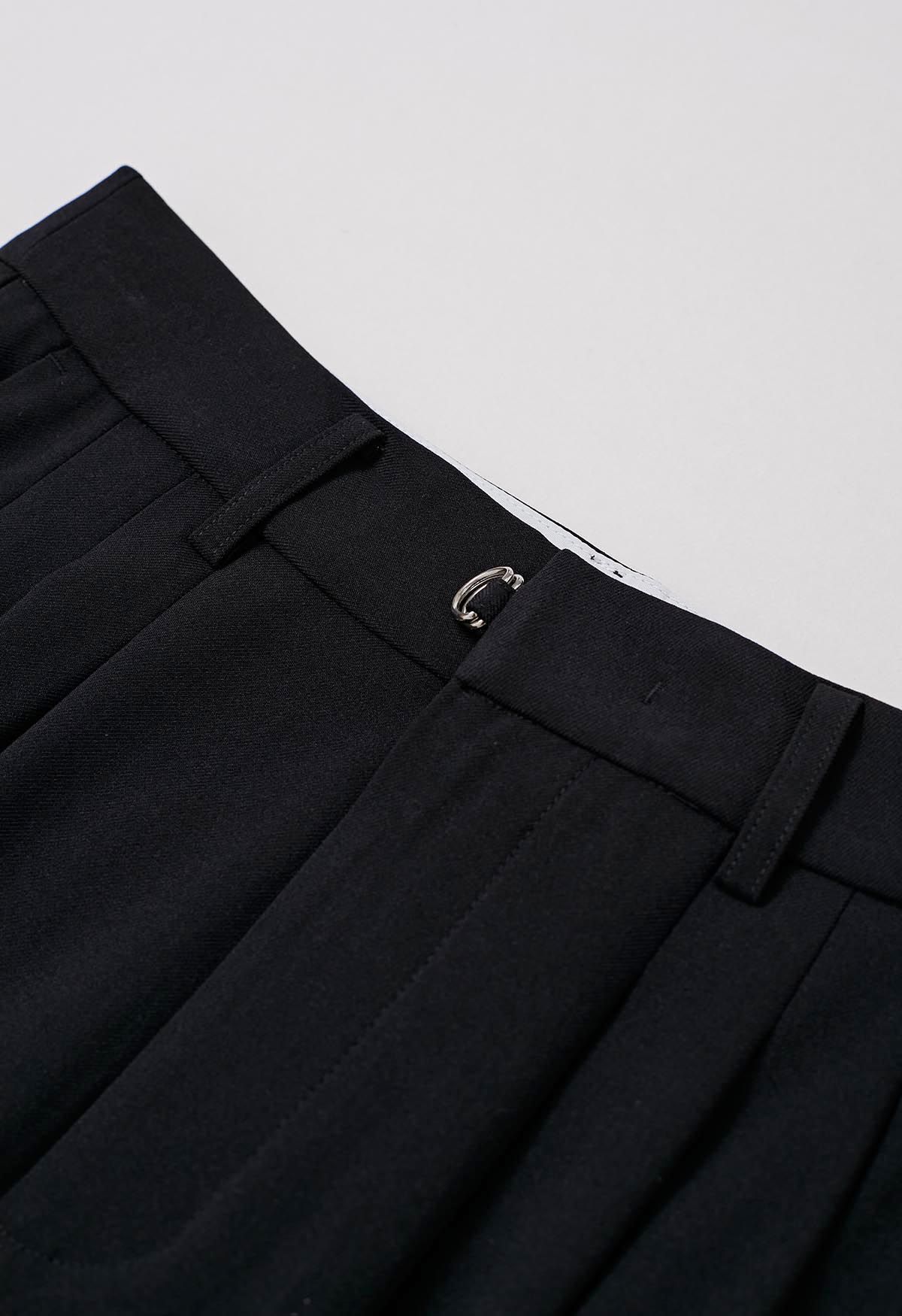 Pantalon droit plissé à ceinture réglable en noir