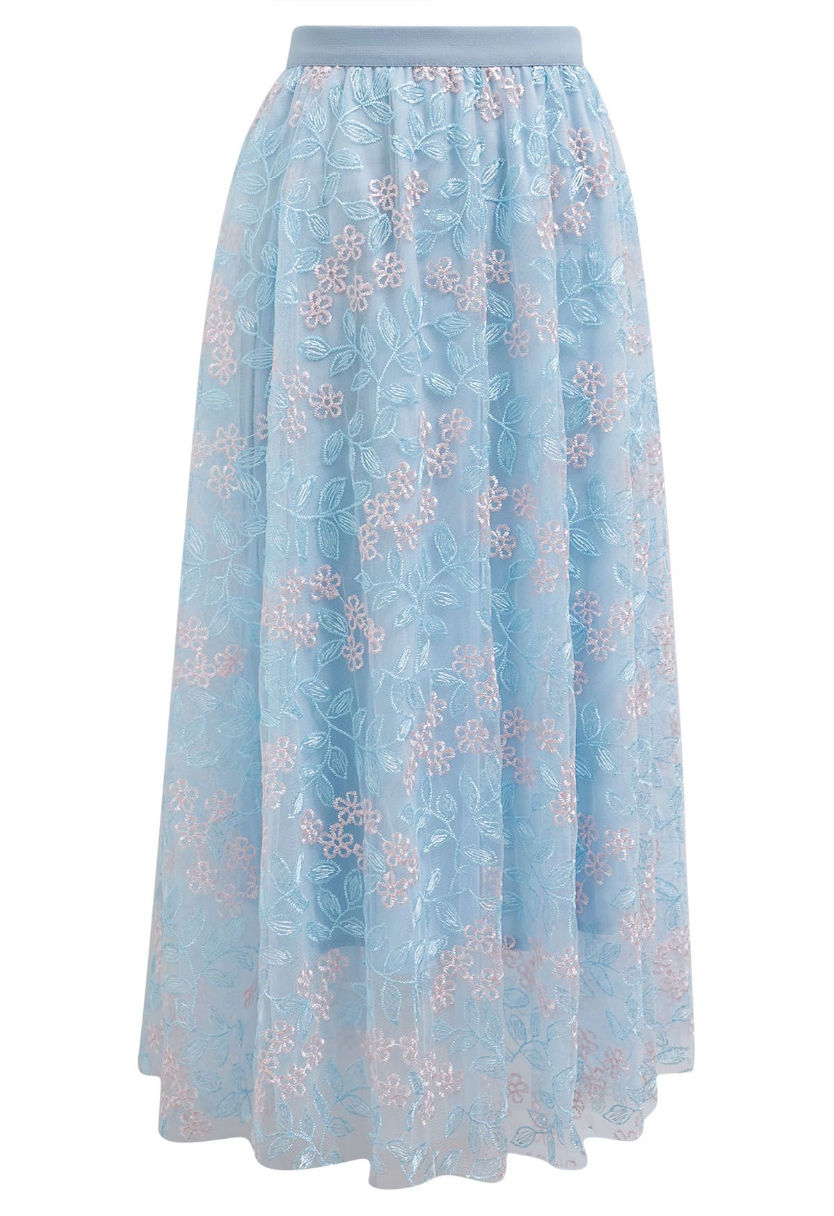 Jupe midi en tulle brodé de feuilles florales en bleu