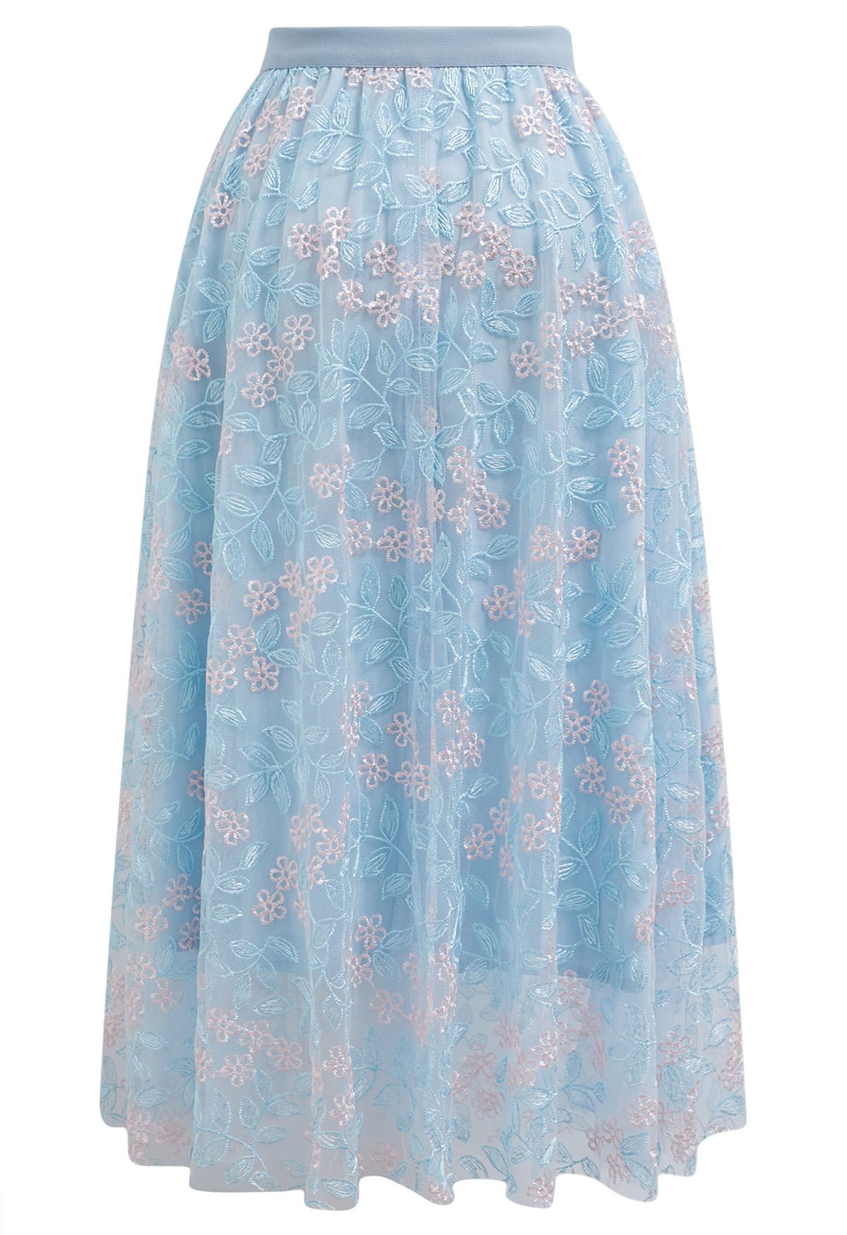 Jupe midi en tulle brodé de feuilles florales en bleu