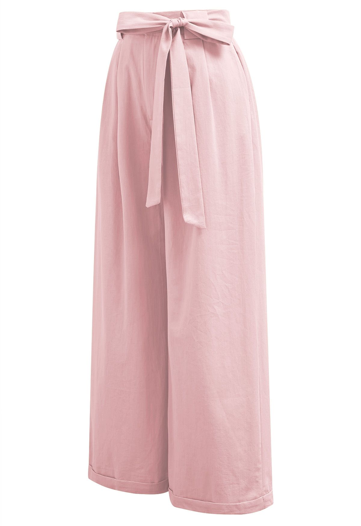 Pantalon large plissé avec ceinture à nœud papillon en rose