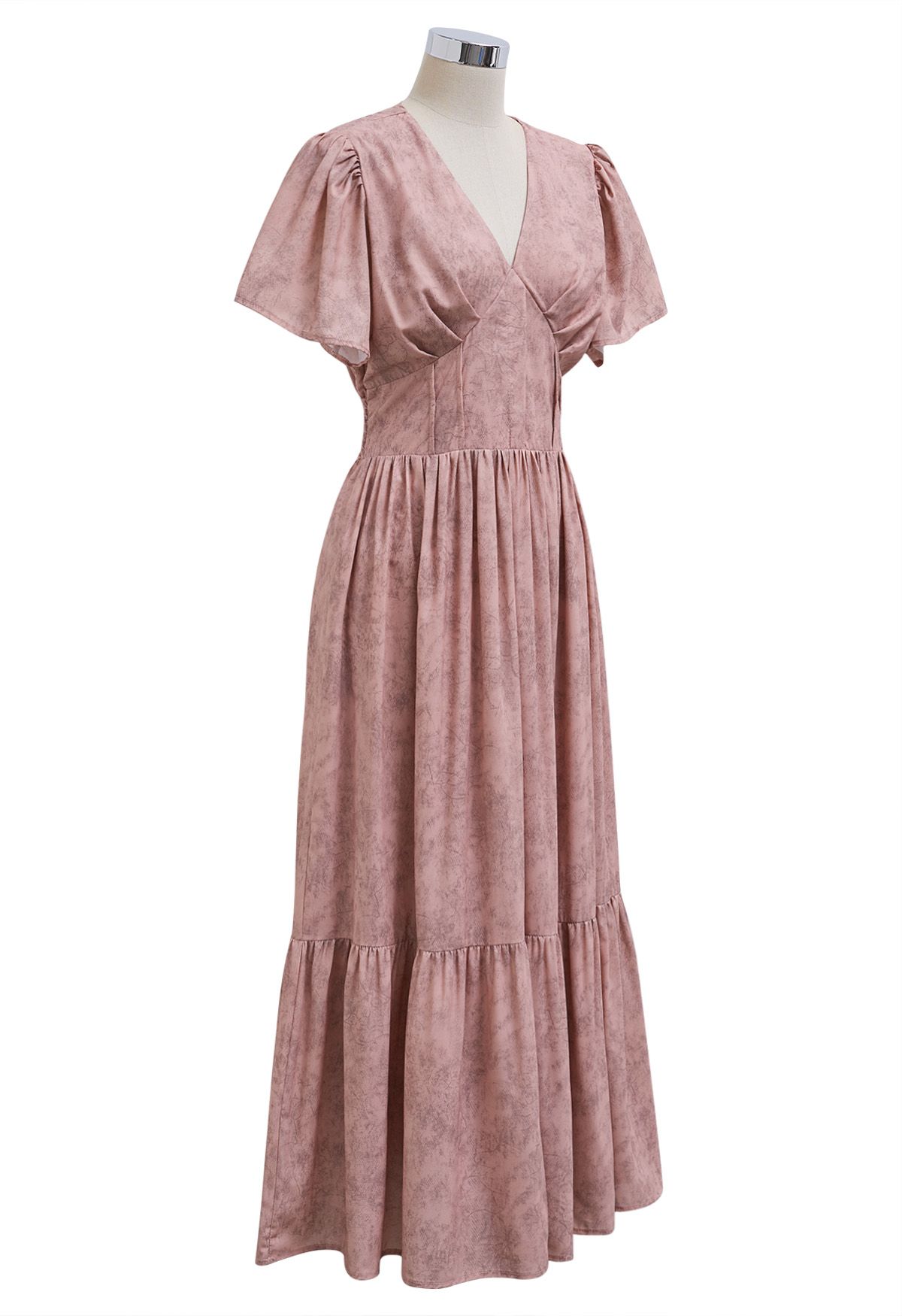 Robe imprimée à volants et col en V, épaules rembourrées, rose