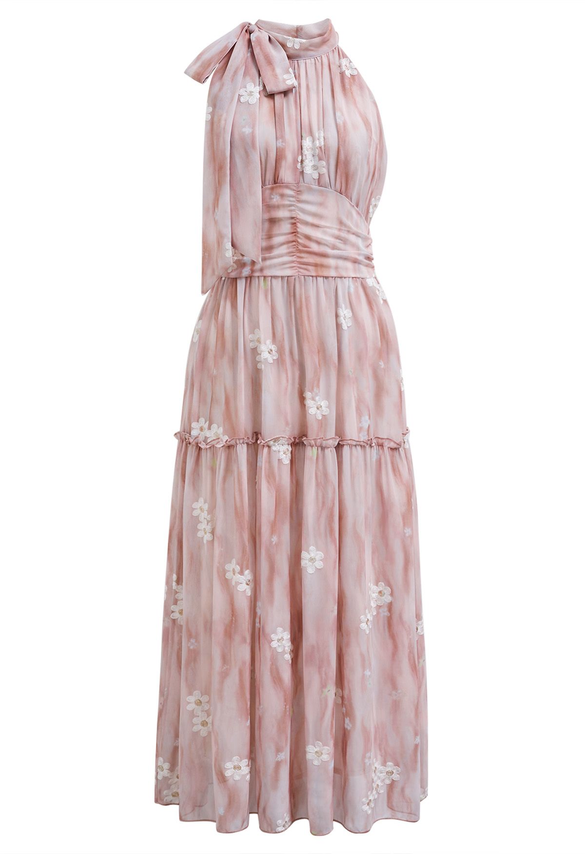 Robe midi à volants et col licou avec nœud papillon brodé Floret en rose