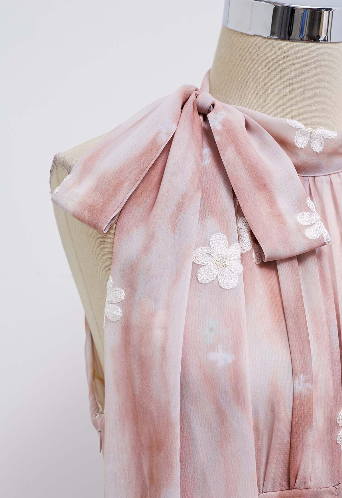 Robe midi à volants et col licou avec nœud papillon brodé Floret en rose