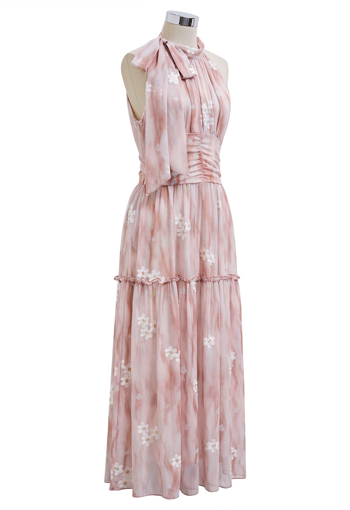 Robe midi à volants et col licou avec nœud papillon brodé Floret en rose