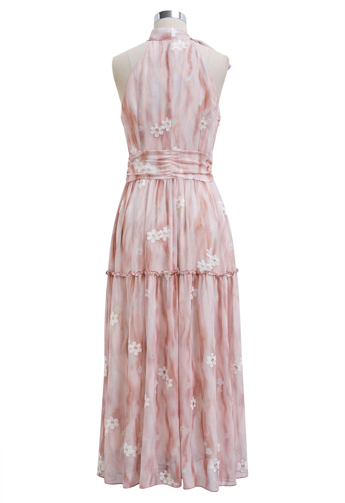 Robe midi à volants et col licou avec nœud papillon brodé Floret en rose