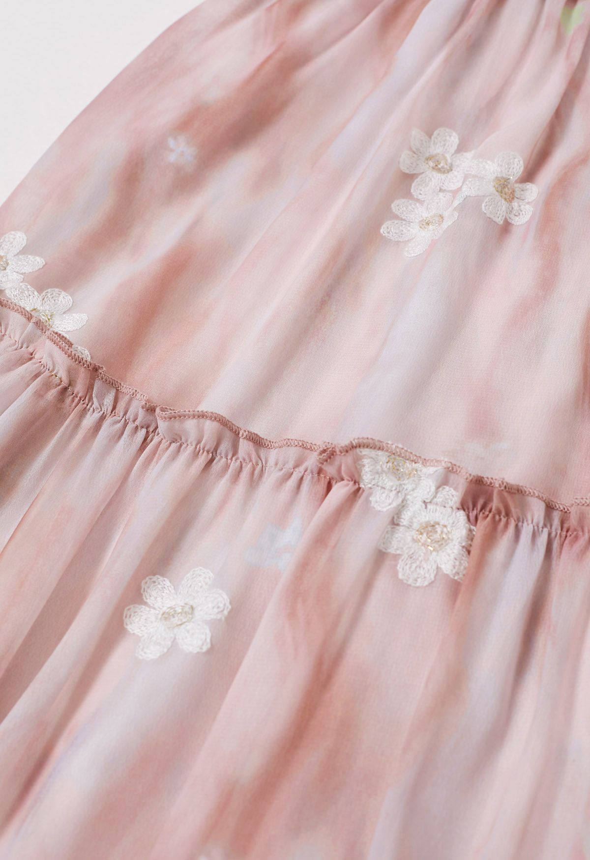 Robe midi à volants et col licou avec nœud papillon brodé Floret en rose