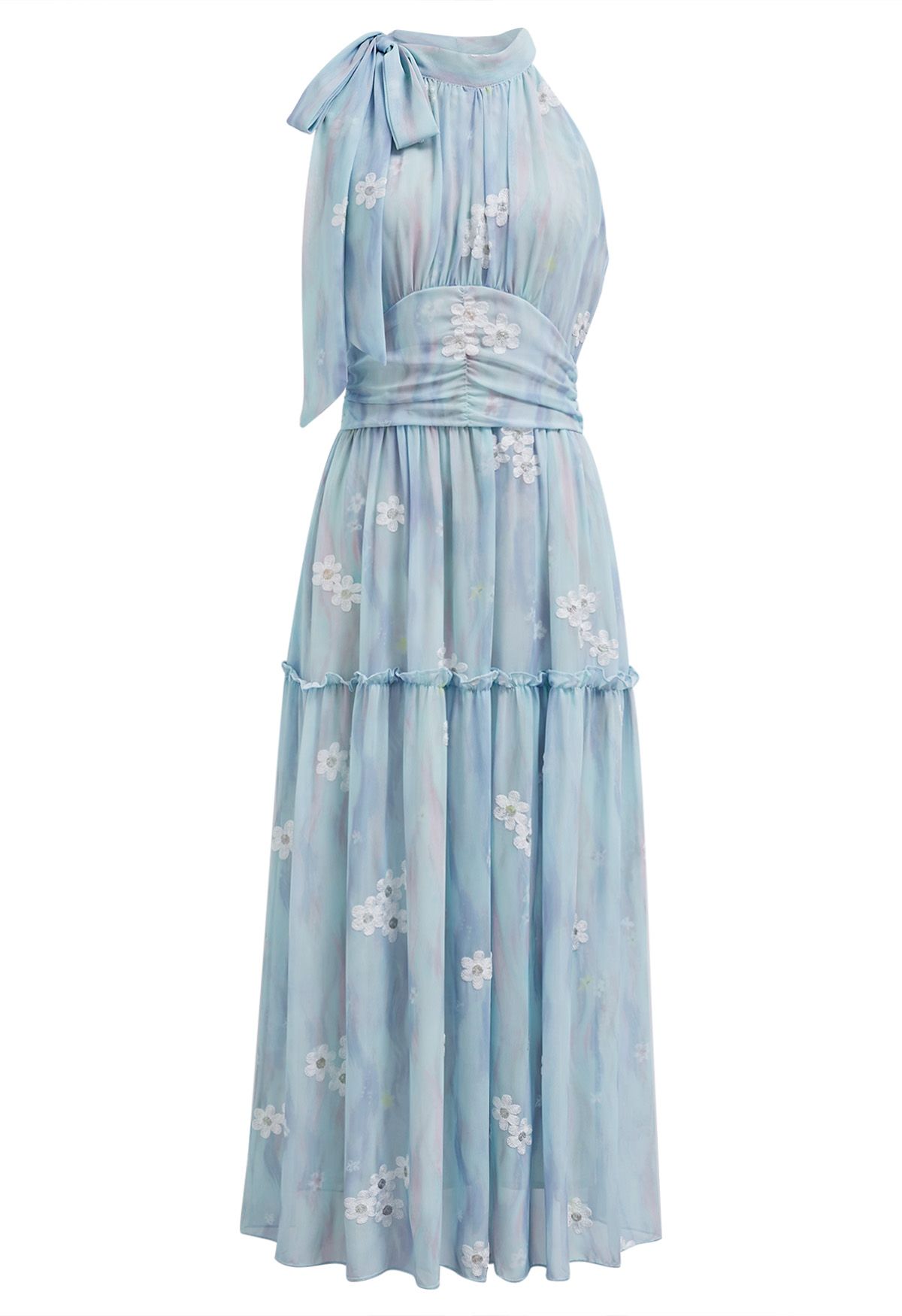 Robe midi à volants et col licou avec nœud papillon brodé Floret en bleu