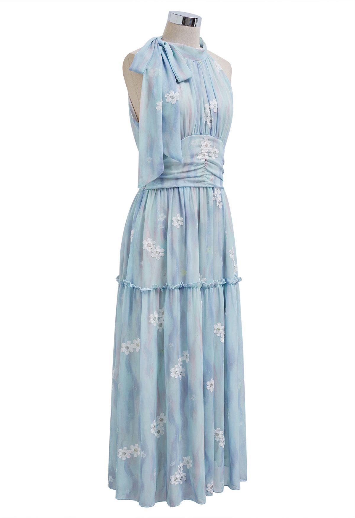 Robe midi à volants et col licou avec nœud papillon brodé Floret en bleu