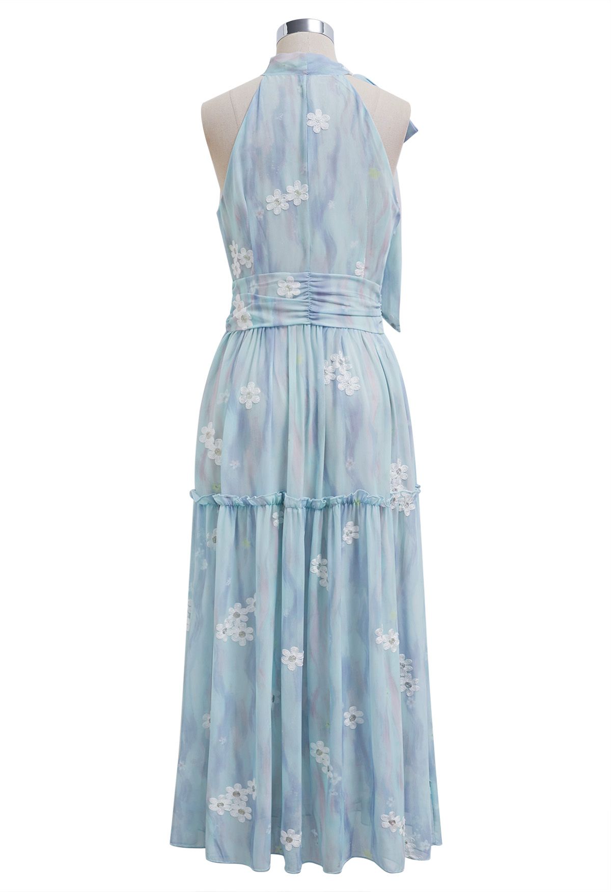 Robe midi à volants et col licou avec nœud papillon brodé Floret en bleu