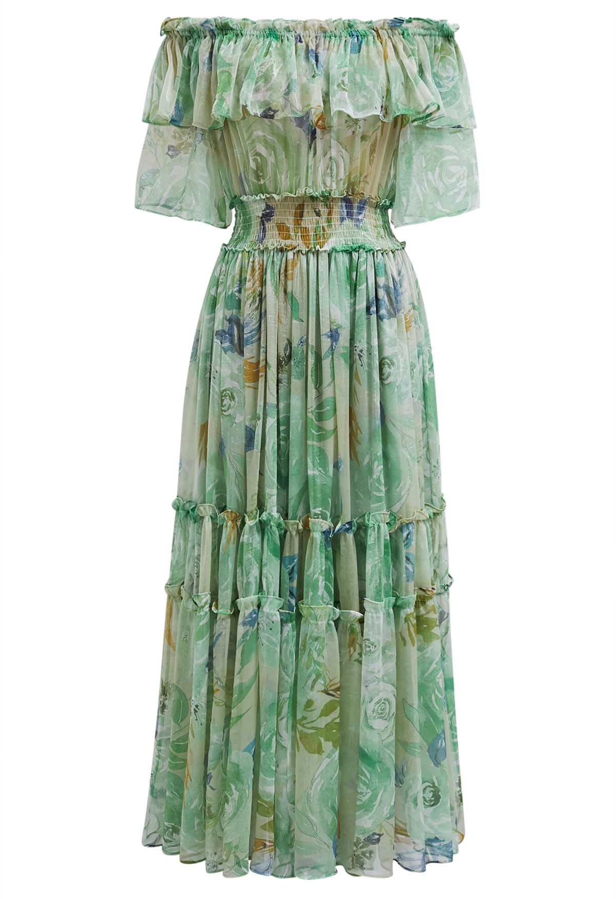 Summer Days - Robe florale en mousseline à volants et épaules dénudées - Vert