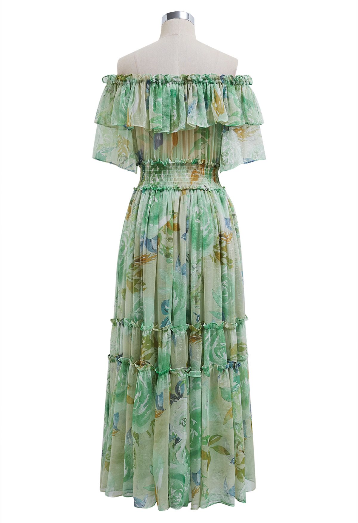 Summer Days - Robe florale en mousseline à volants et épaules dénudées - Vert