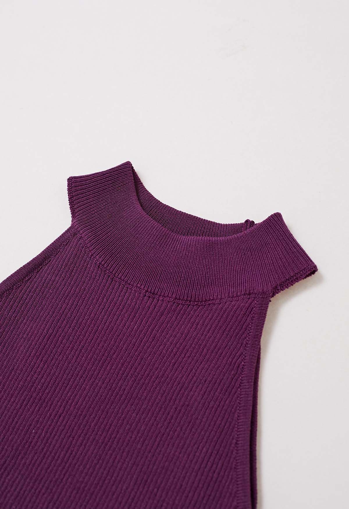 Haut en tricot dos nu sans manches avec ruban croisé en violet