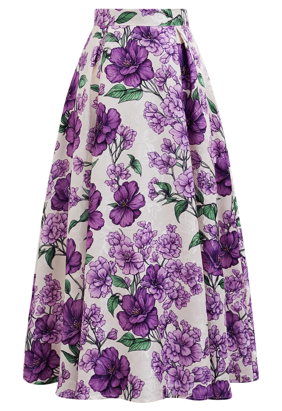 Jupe trapèze plissée en jacquard Purple Blooms