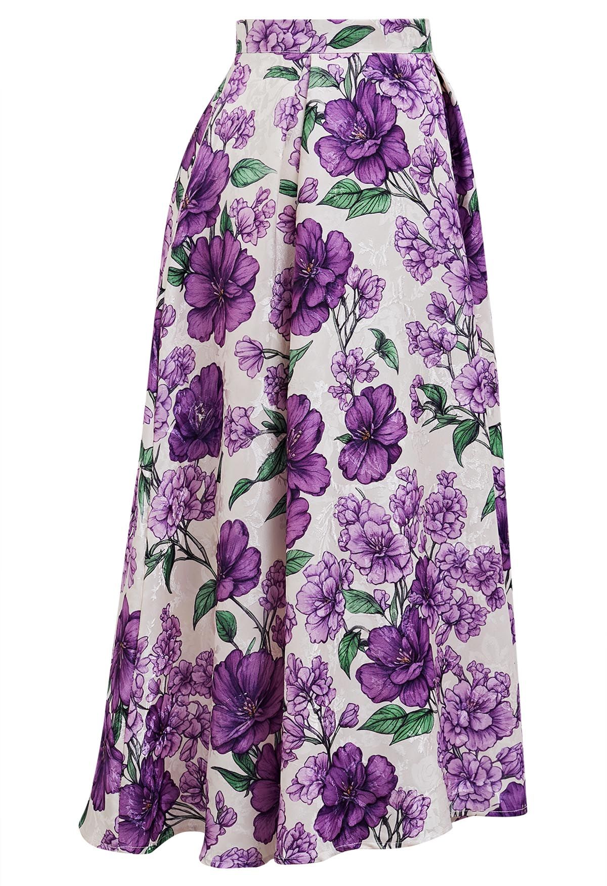 Jupe trapèze plissée en jacquard Purple Blooms