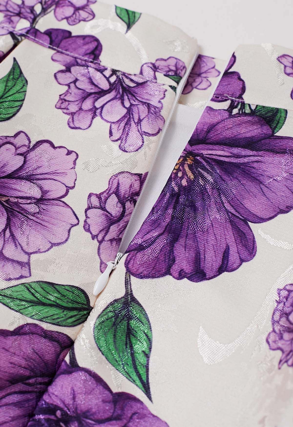 Jupe trapèze plissée en jacquard Purple Blooms