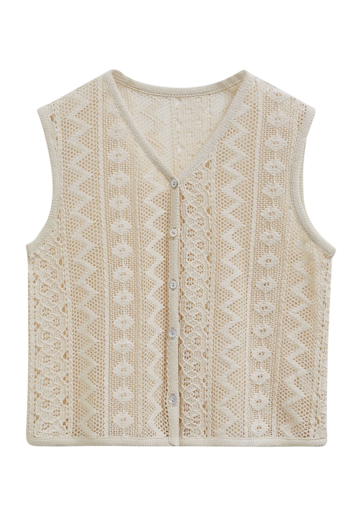 Gilet en coton ajouré à col en V en camel