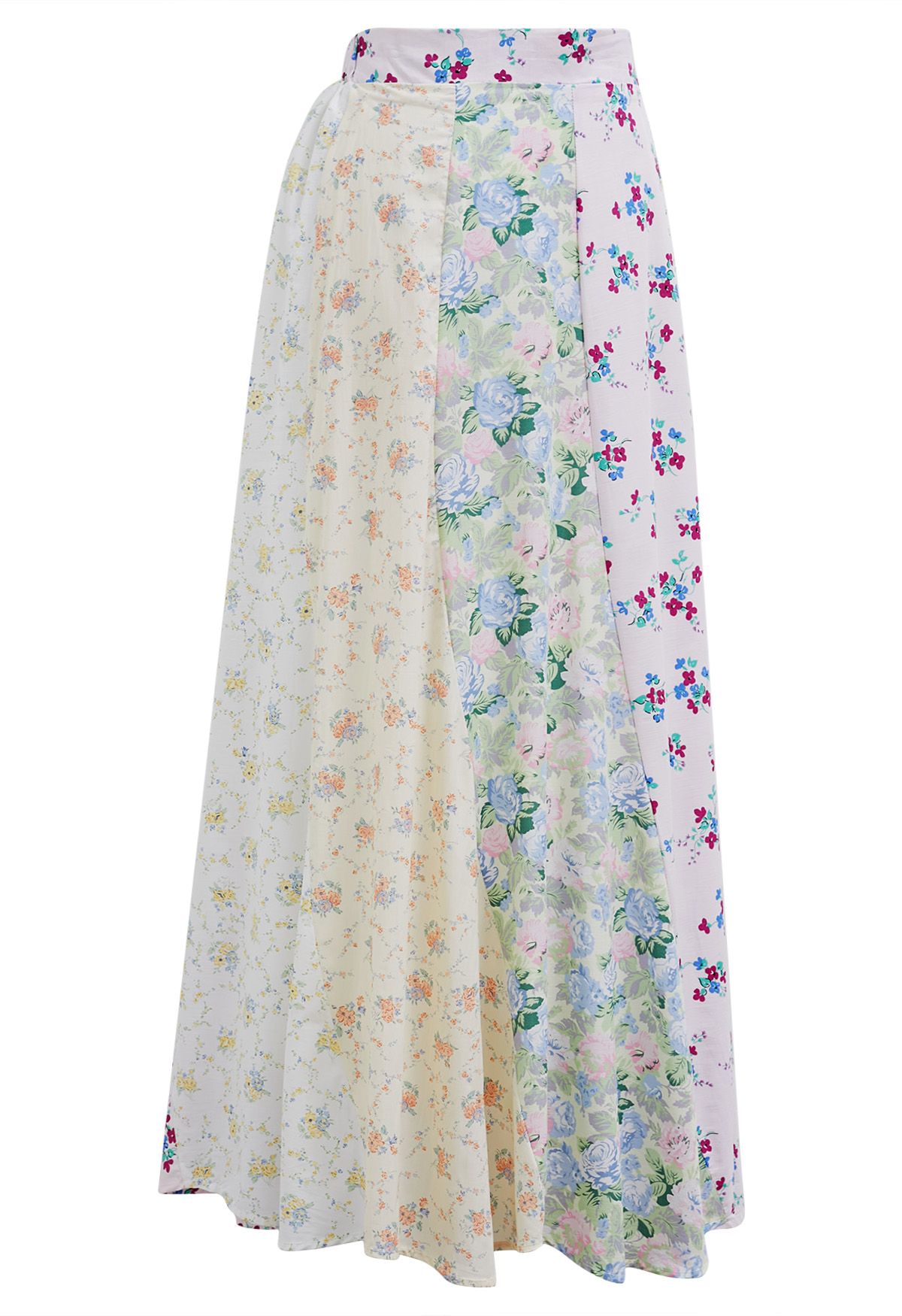 Jupe longue asymétrique en coton à patchwork floral 