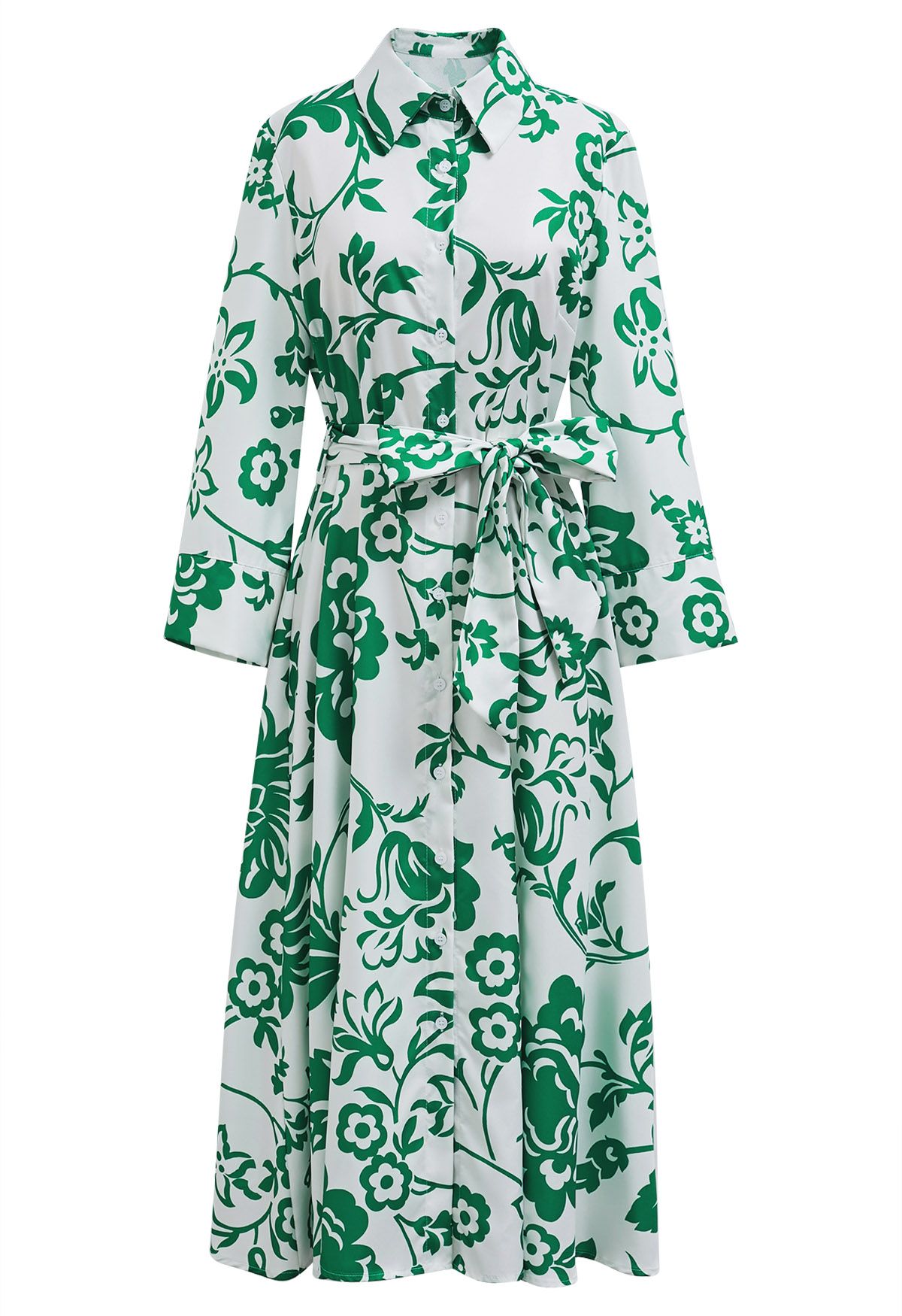 Robe chemise mi-longue boutonnée à fleurs verte