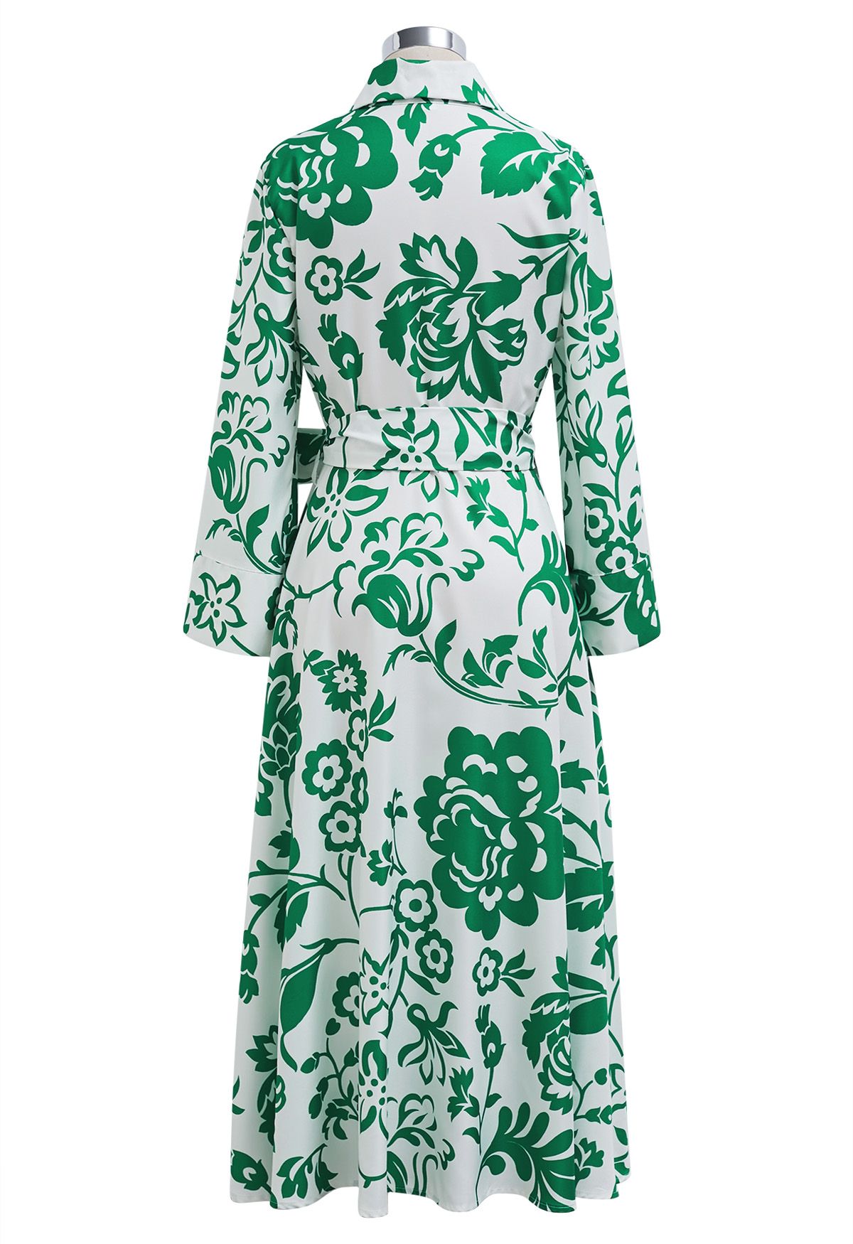 Robe chemise mi-longue boutonnée à fleurs verte