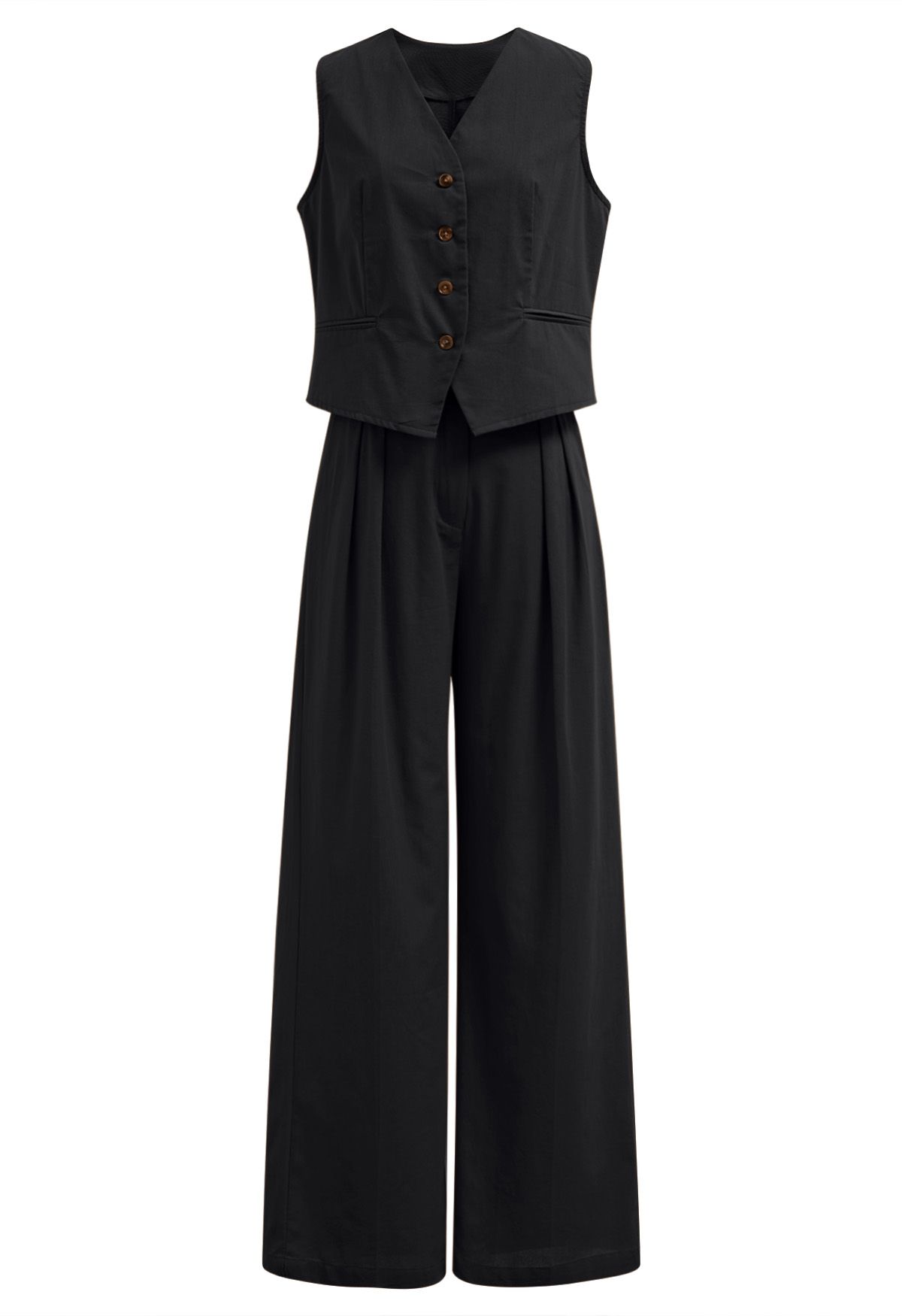 Ensemble gilet et pantalon boutonnés en mélange de lin, noir