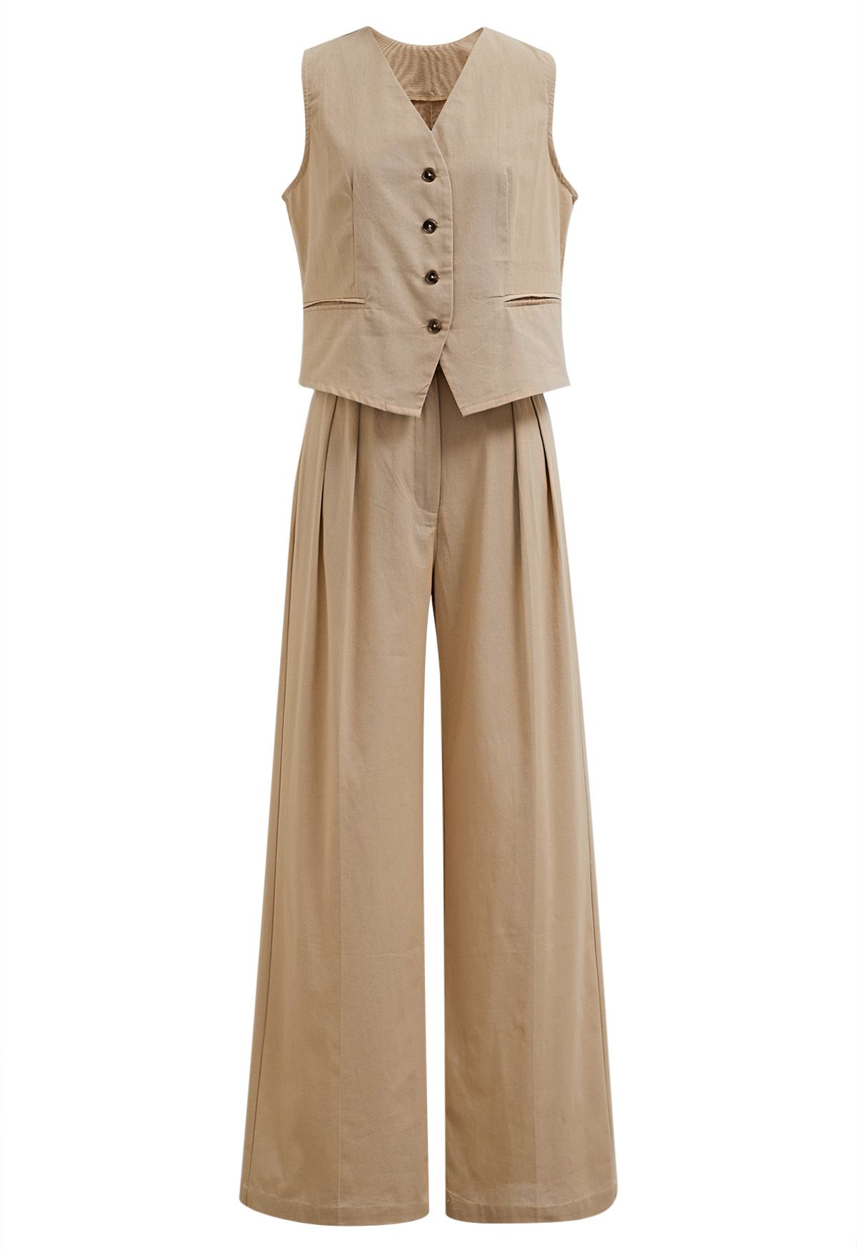 Ensemble gilet et pantalon boutonnés en mélange de lin, beige