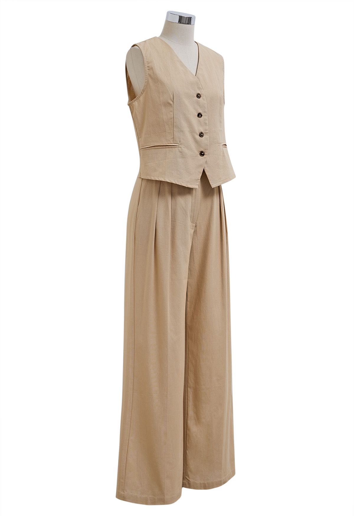 Ensemble gilet et pantalon boutonnés en mélange de lin, beige