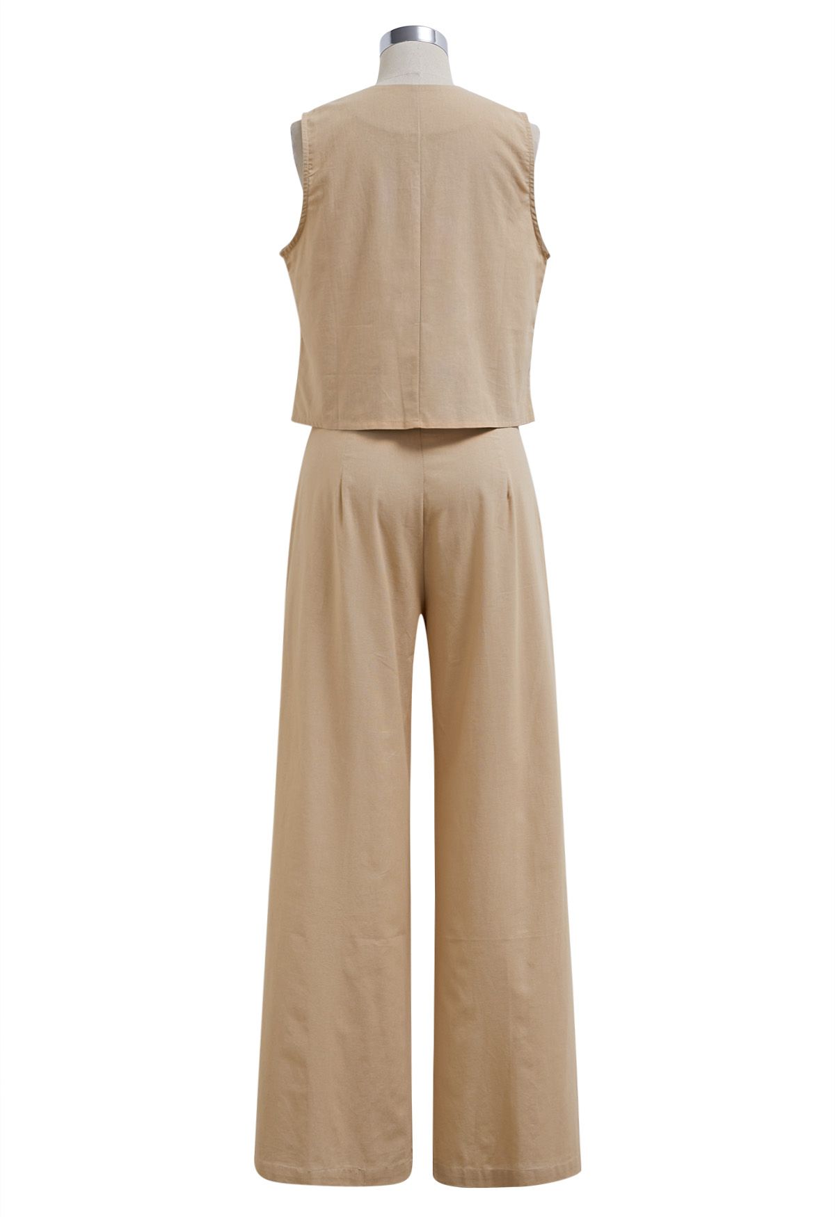 Ensemble gilet et pantalon boutonnés en mélange de lin, beige