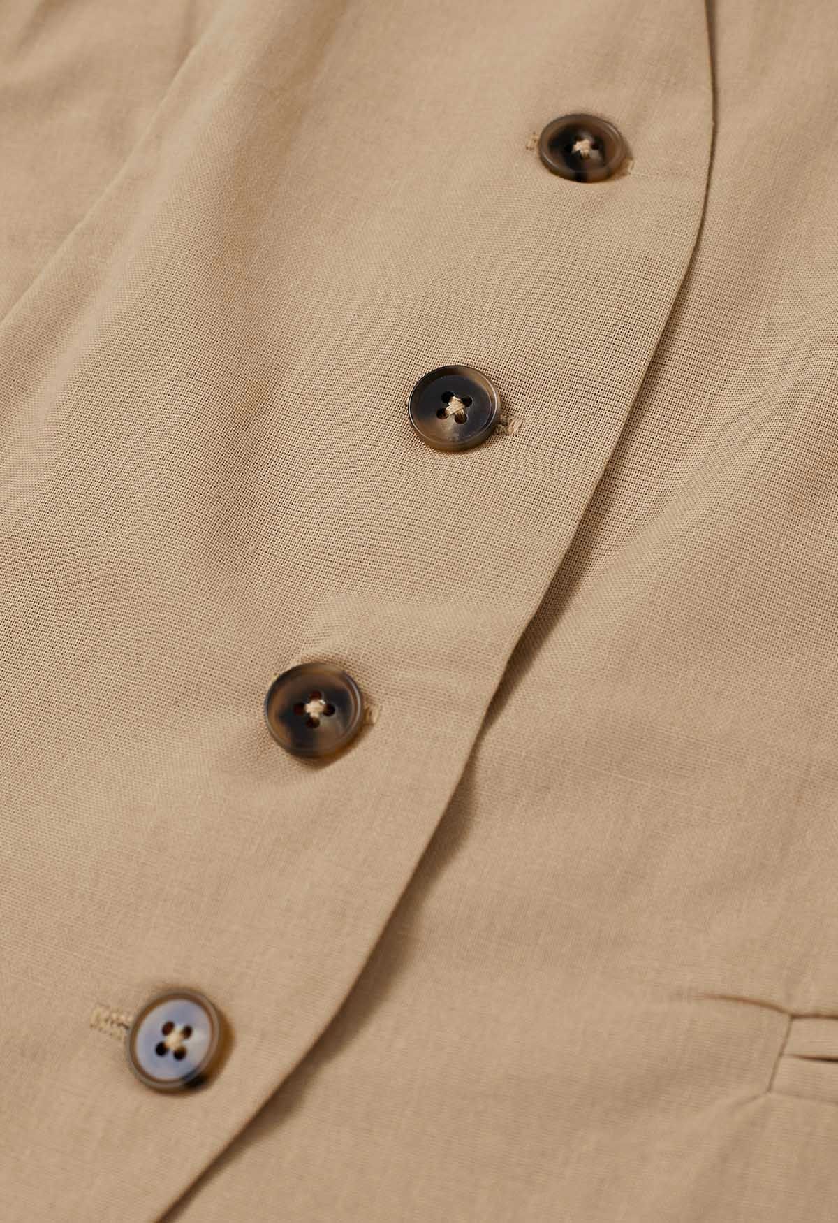 Ensemble gilet et pantalon boutonnés en mélange de lin, beige