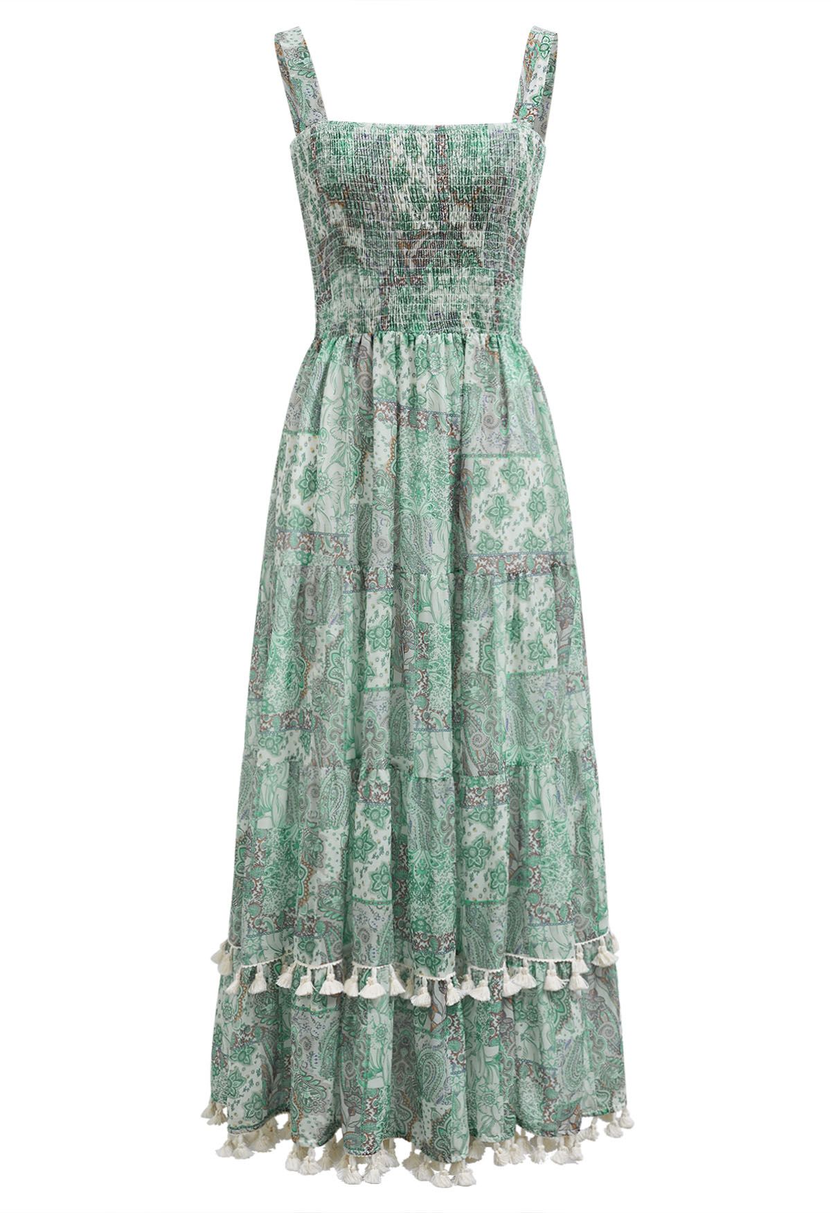 Robe caraco froncée à franges et imprimé floral en vert