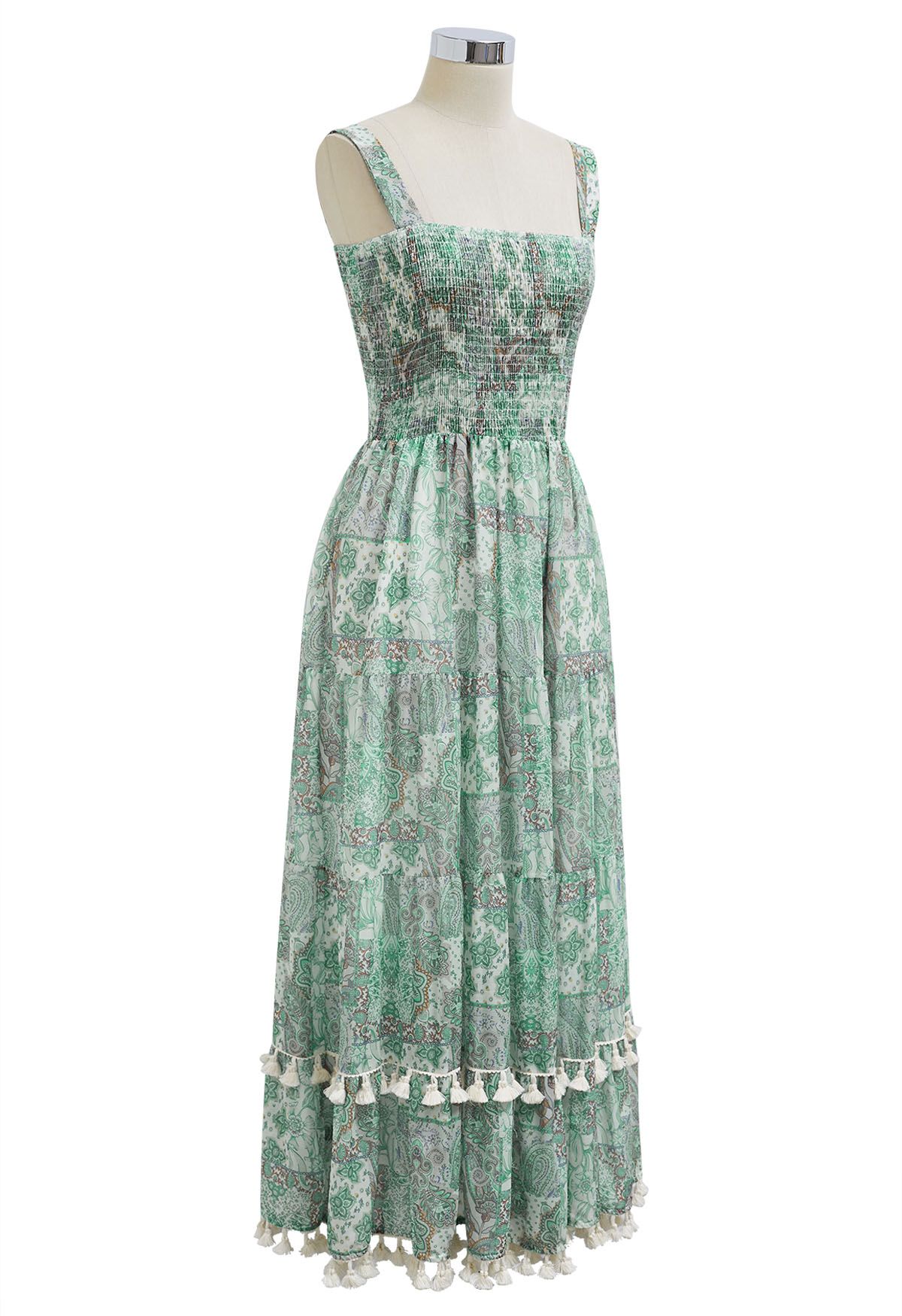 Robe caraco froncée à franges et imprimé floral en vert