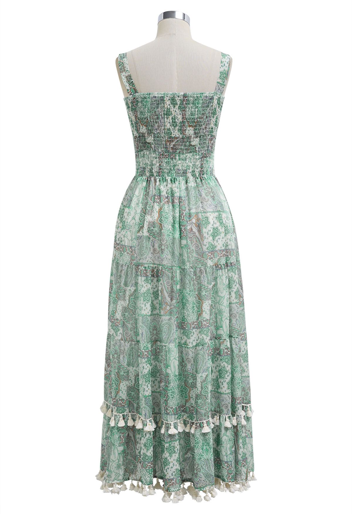 Robe caraco froncée à franges et imprimé floral en vert