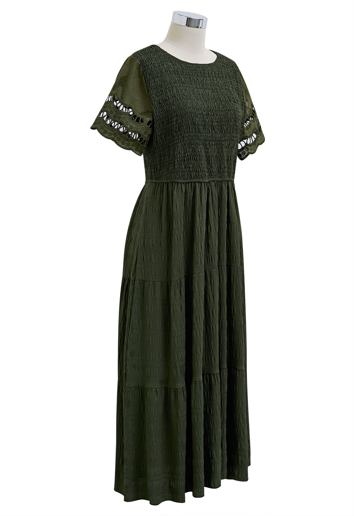 Robe midi à corsage froncé à manches découpées en vert armée