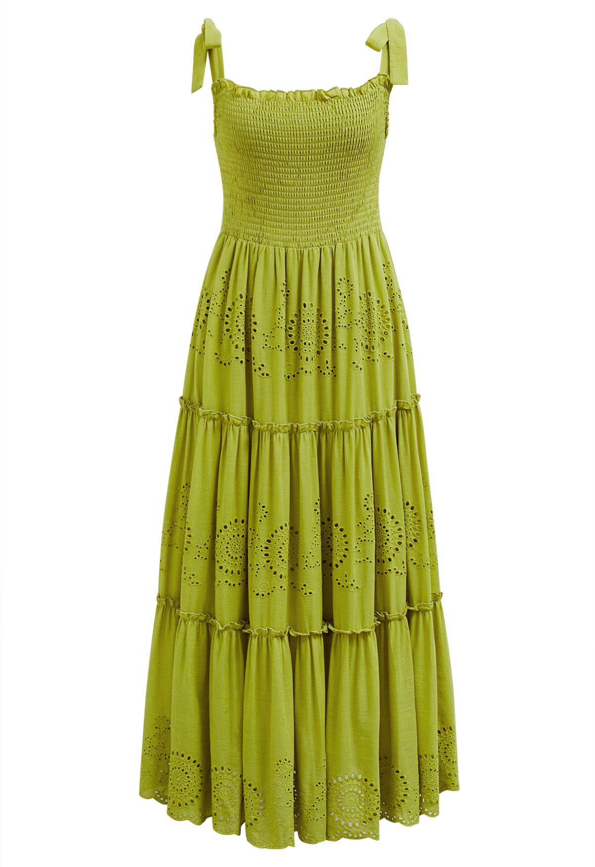 Robe longue froncée à bretelles nouées et broderie citron vert