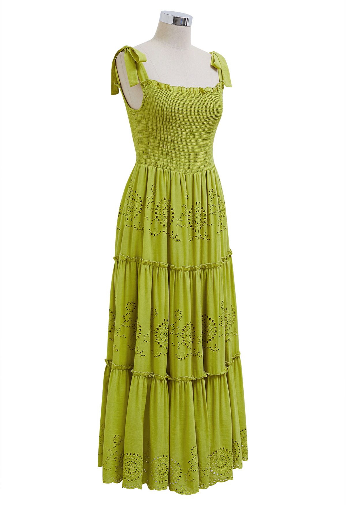 Robe longue froncée à bretelles nouées et broderie citron vert