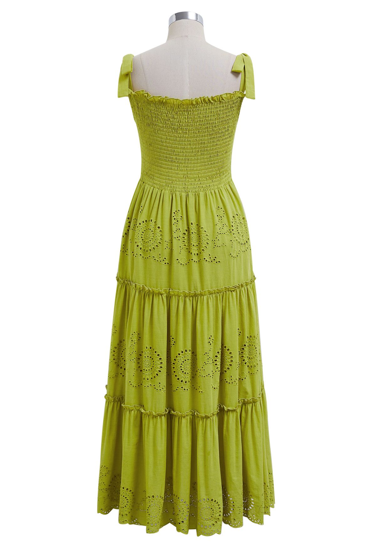 Robe longue froncée à bretelles nouées et broderie citron vert