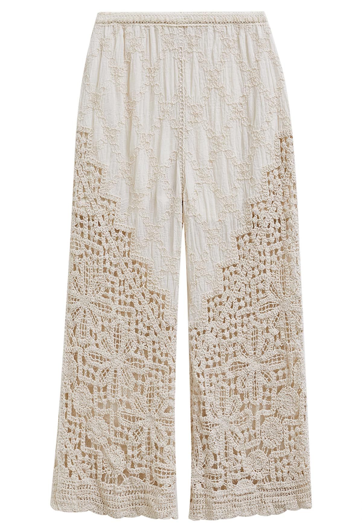 Pantalon à fleurs au crochet en forme de diamant en lin