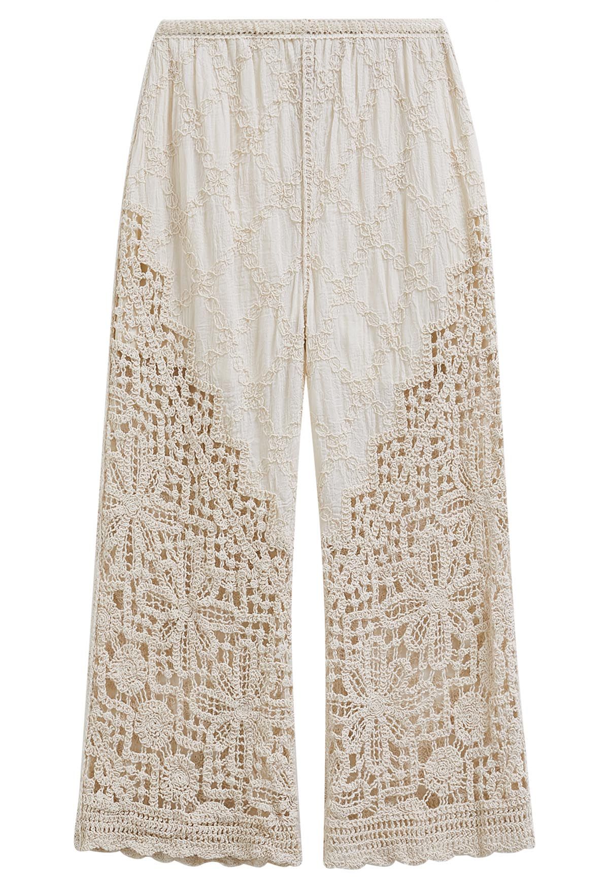 Pantalon à fleurs au crochet en forme de diamant en lin