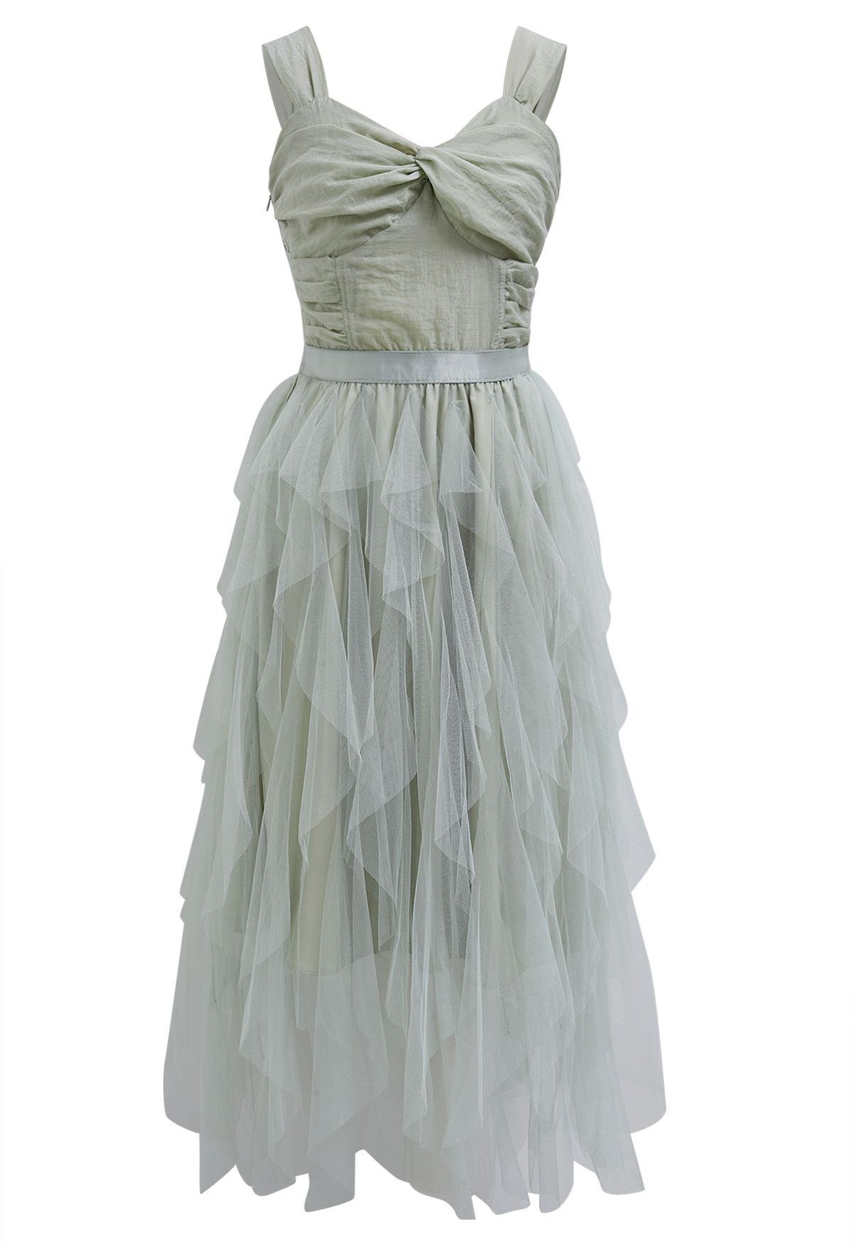 Robe caraco en tulle à détail torsadé en vert pois