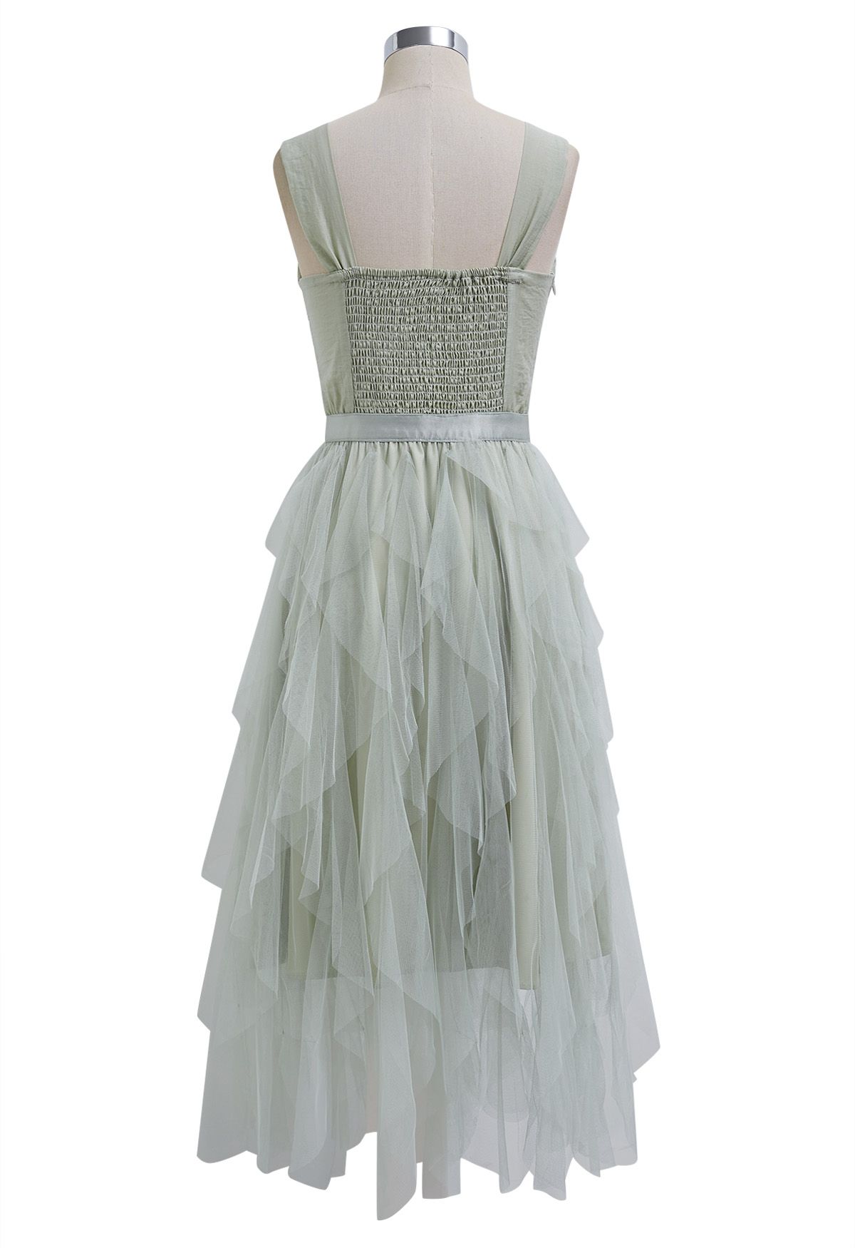 Robe caraco en tulle à détail torsadé en vert pois