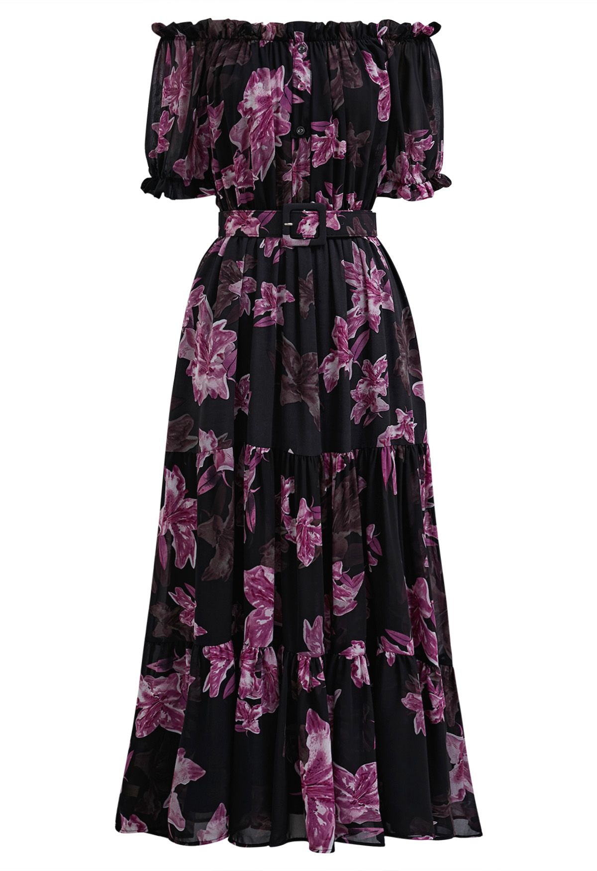 Robe midi imprimée en mousseline à épaules dénudées Lily en violet