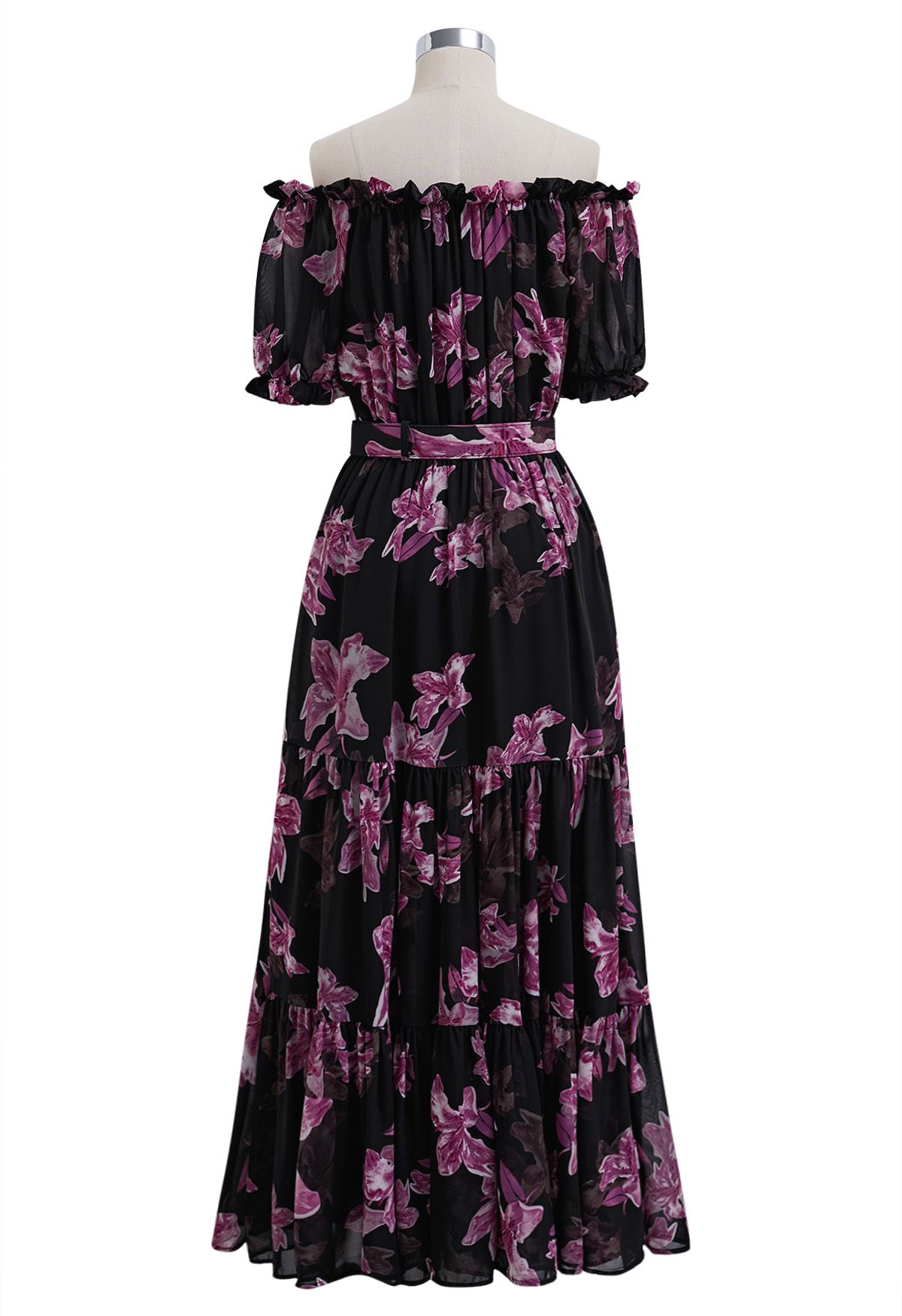 Robe midi imprimée en mousseline à épaules dénudées Lily en violet