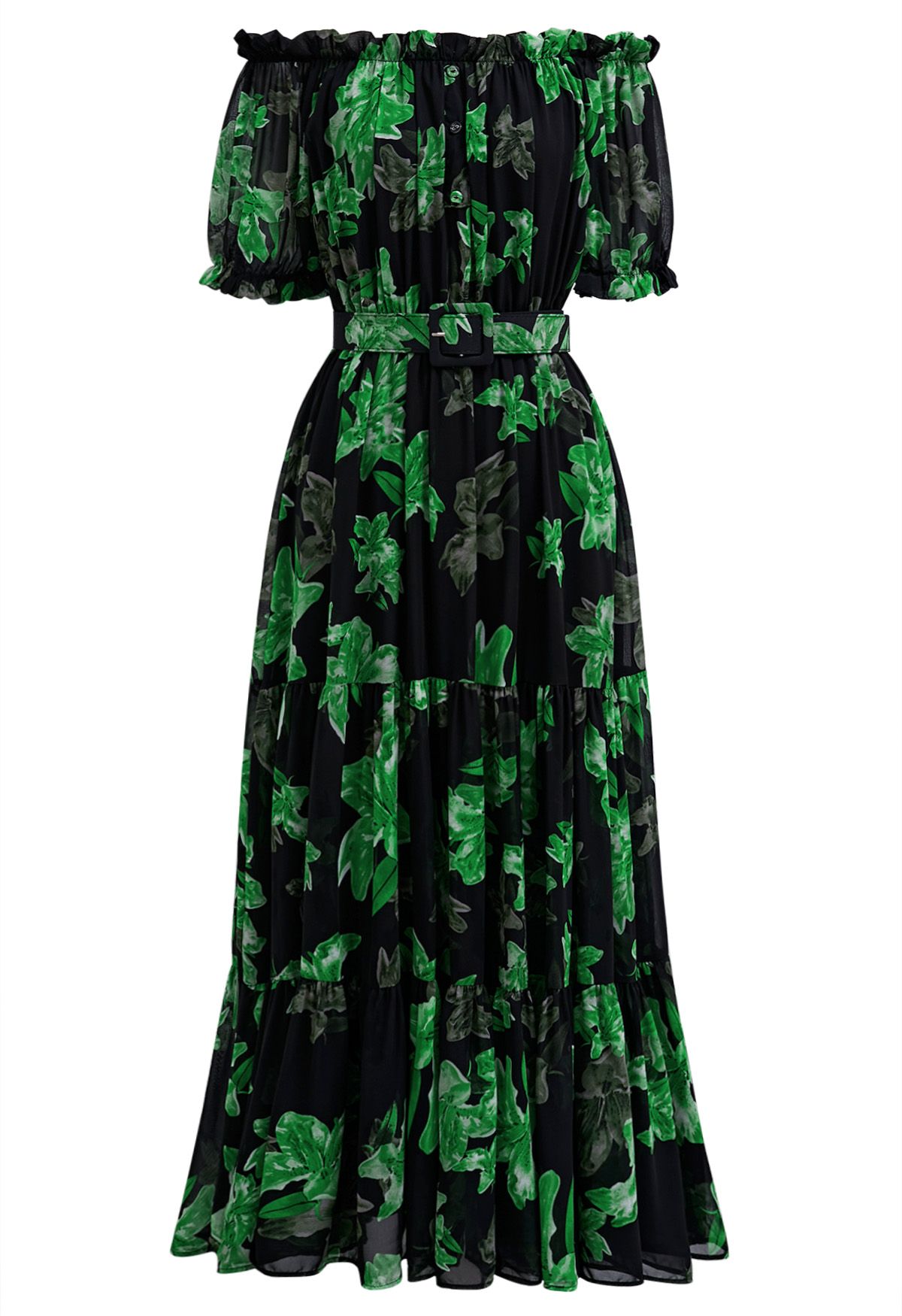 Robe midi imprimée en mousseline à épaules dénudées Lily en vert