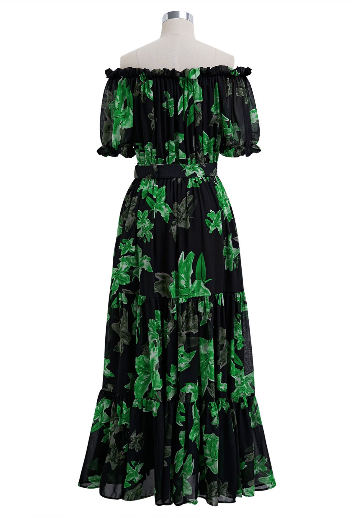 Robe midi imprimée en mousseline à épaules dénudées Lily en vert